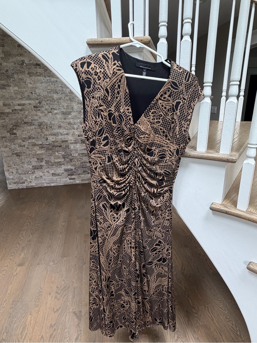 Women’s Black and Tan Ruched V-Neck Dress